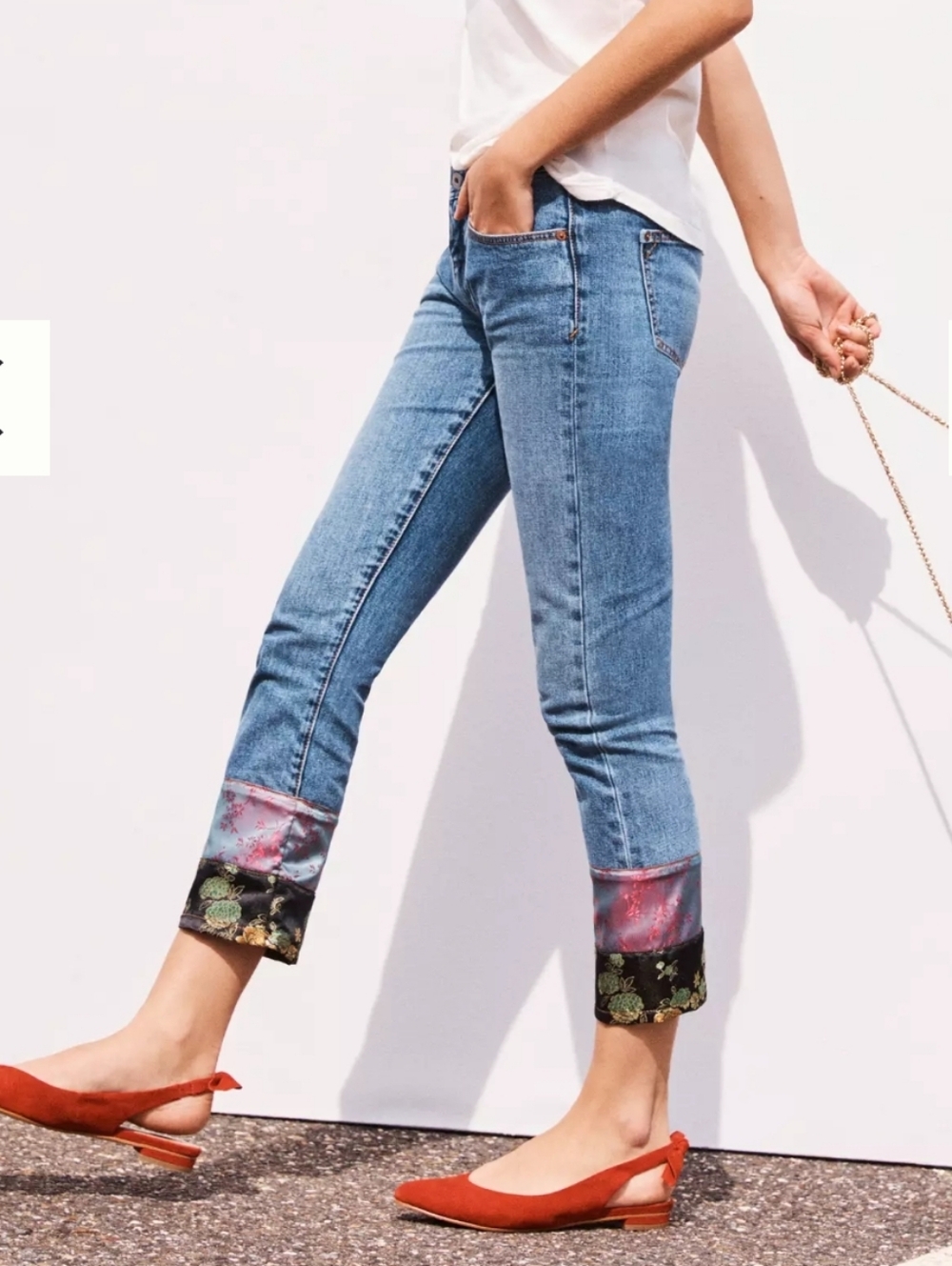 Anthropologie Blue Denim Boyfriend Jeans with Floral and Pink Trim